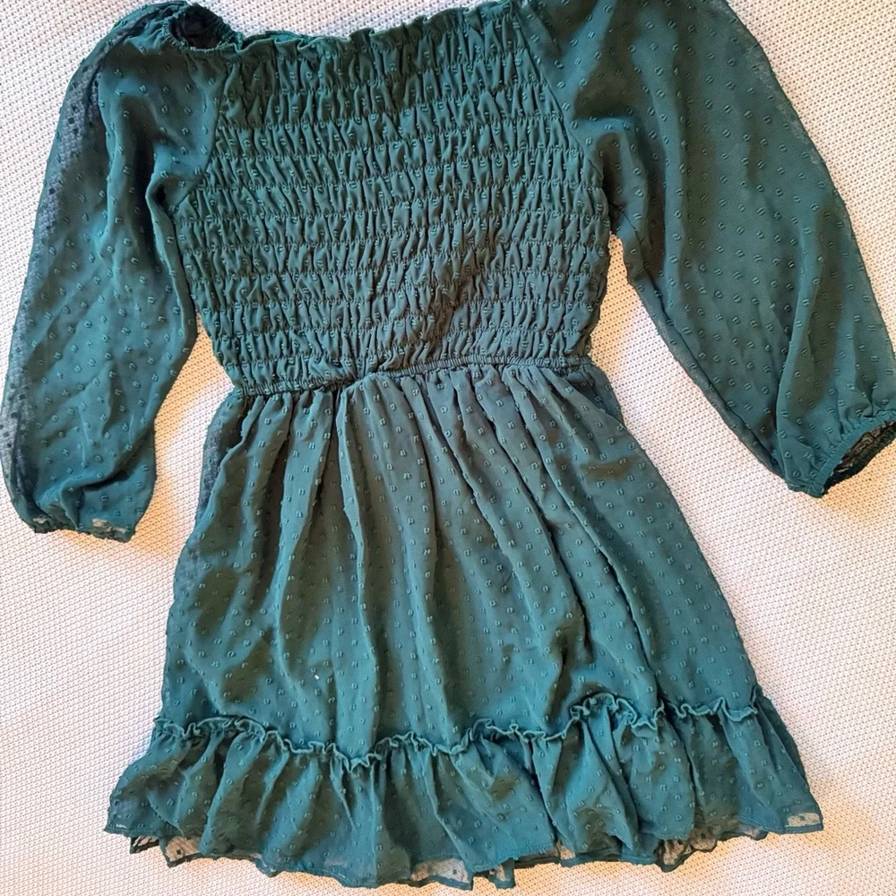 AVA & YELLY Girls Swiss Dot Smocked Semi-Sheer Dark Green Long Sleeve Midi Dress